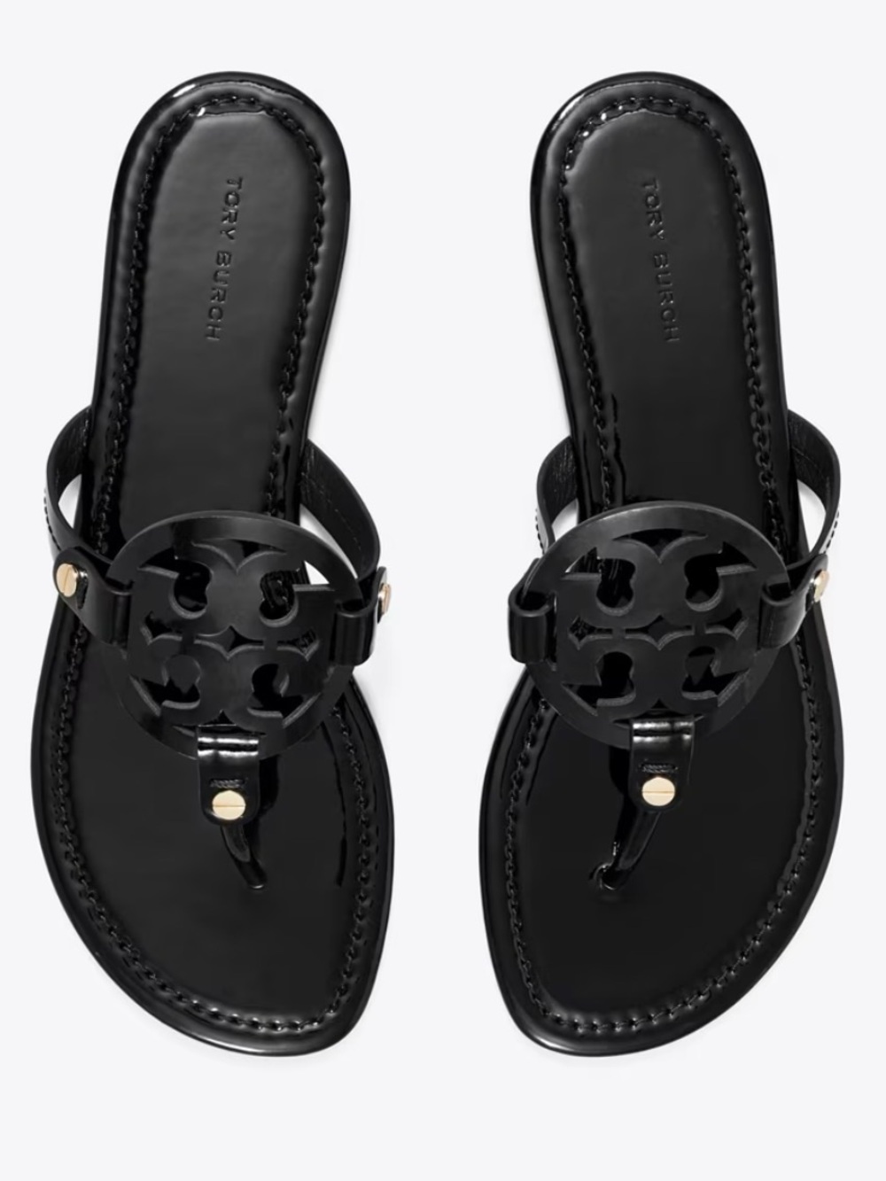 Tory Burch Black Miller Logo Leather Thong Sandals with Gold Stud Accents